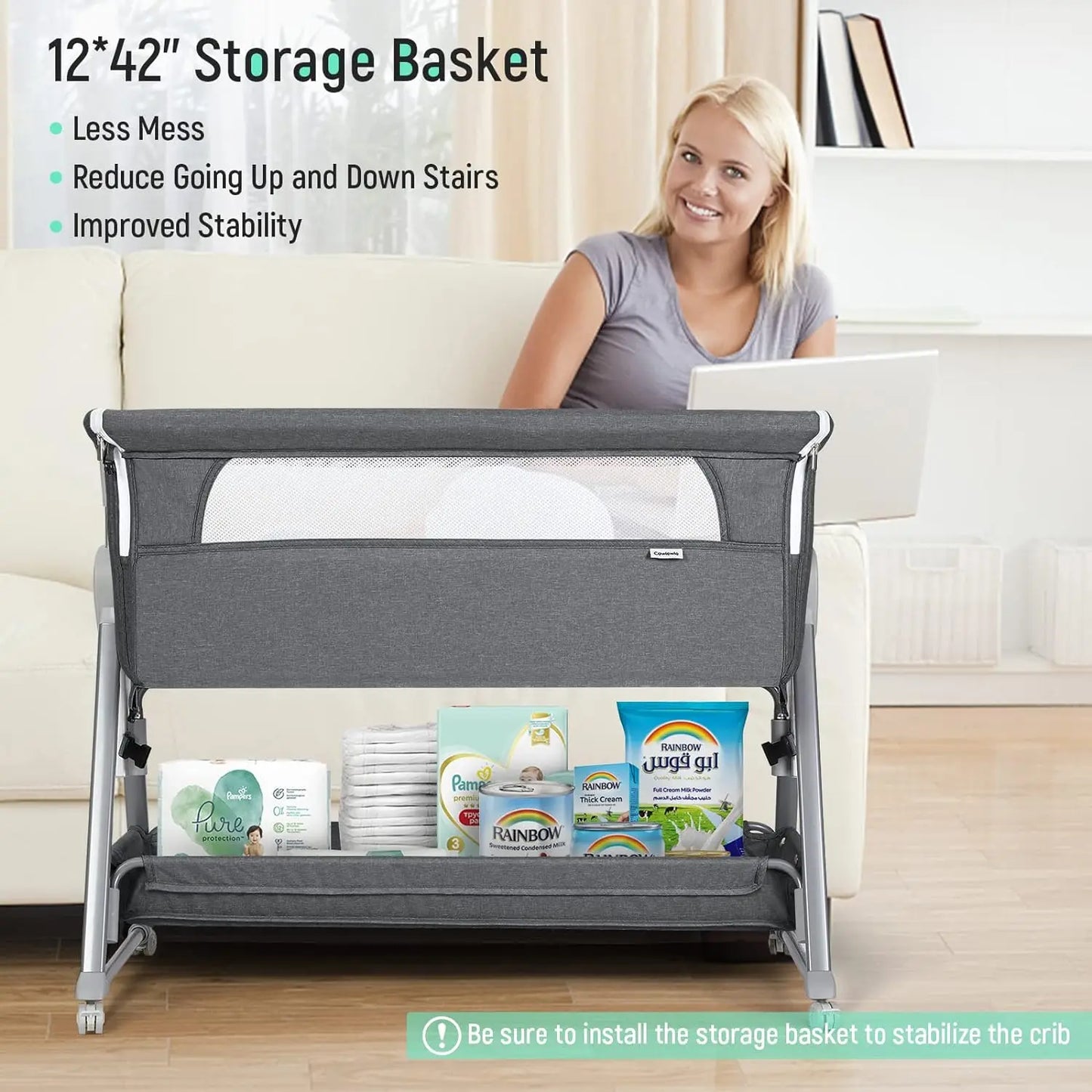 Baby Bassinet, Beside Sleeper for Baby Easy Folding Bedside with Storage Basket and Wheels