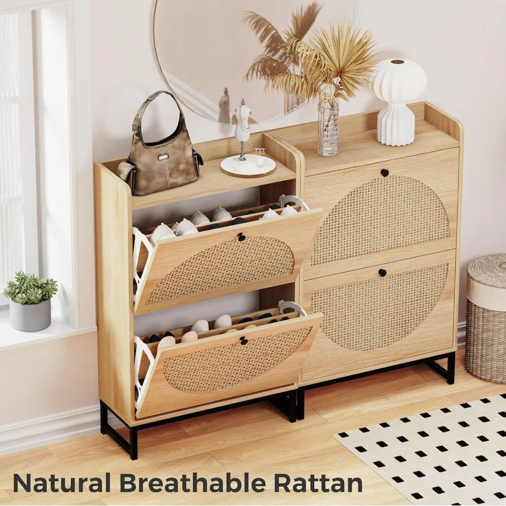 Shoe Cabinet with 2 Handmade Natural Rattan Flip Drawers, Entryway Shoe Rack Storage