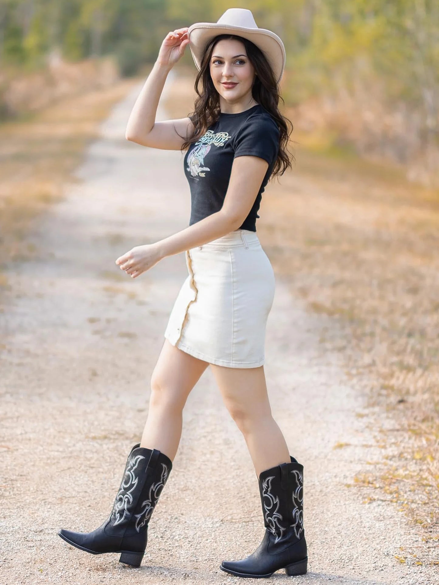 Black Cowboy Boots for Women - Embroidered Cowgirl Boots Western Mid Calf