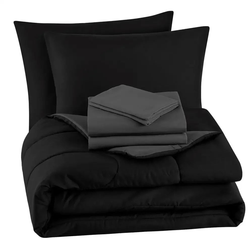 Black 7-Piece Bedding Set Comforter Sheets Shams Pillowcases Polyester Reversible King Size