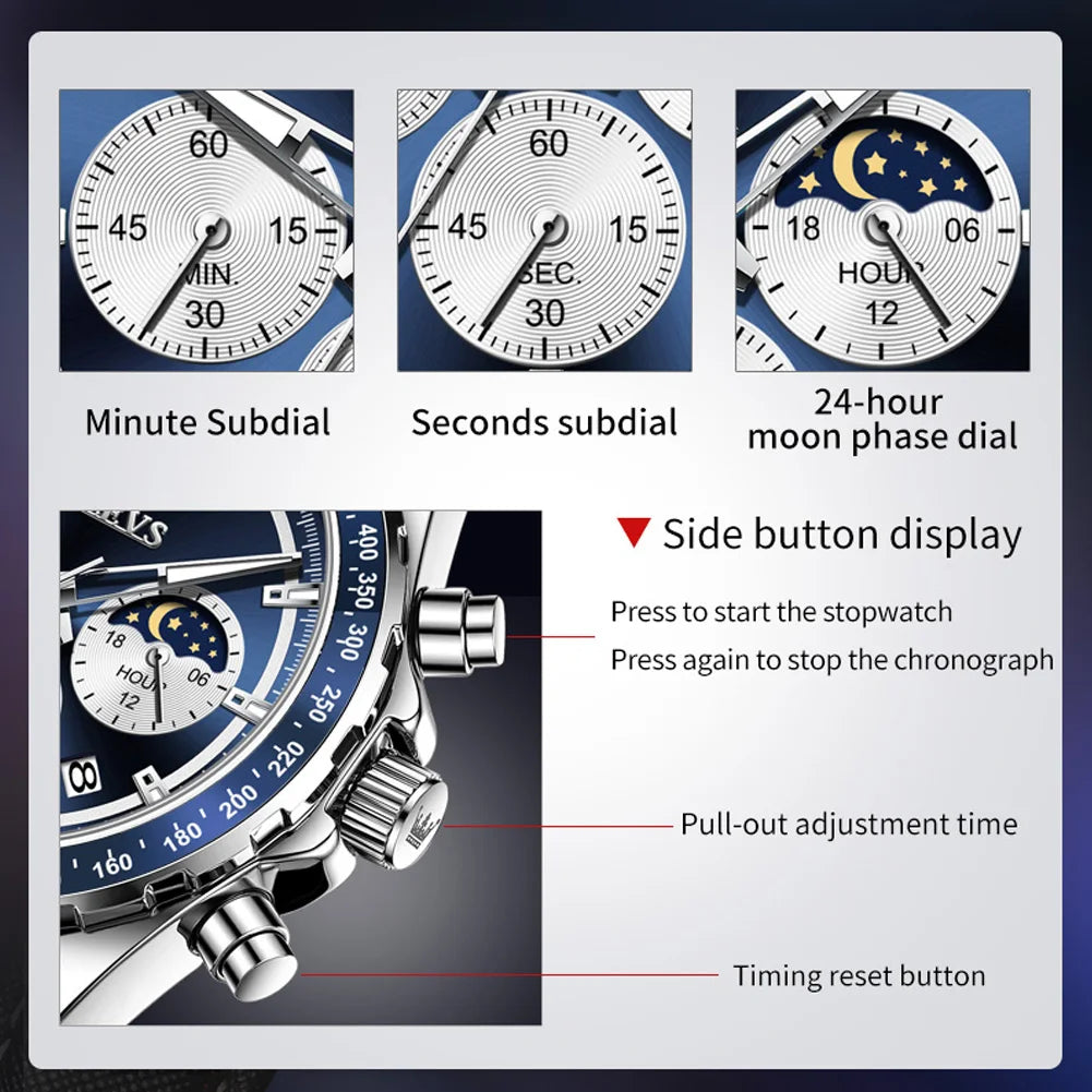 Watch for Men Classic Multifunction Design Luminous Waterproof Moon Phase Date