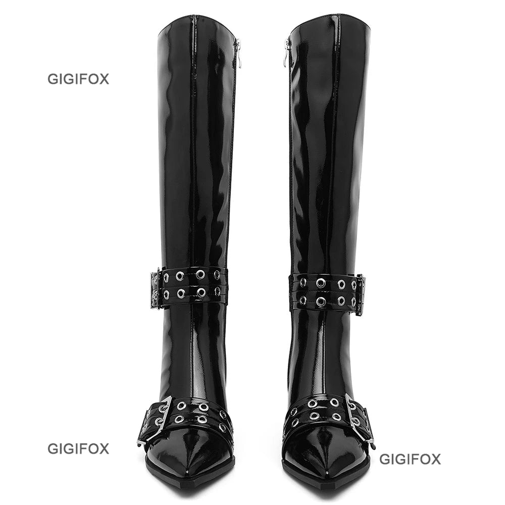 Pointed Toe Women Zipper Knee-high Boots Chunky High Heel Patent Leather Metal Buckle