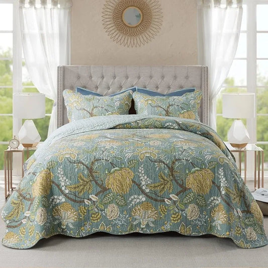 Bedspread Quilt Sets-Reversible Patchwork Coverlet, Green Floral Pattern, Queen Size