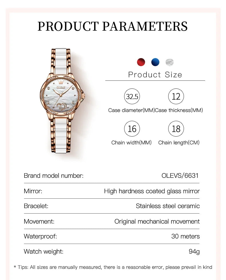 Automatic Watch for Women Fashion Heart Design Diamond Bezel Ceramics Strap