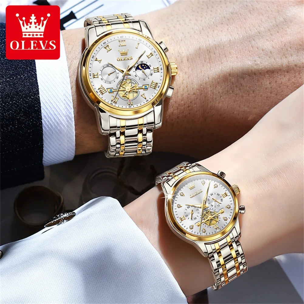 Couple Watches Stainless Steel Waterpoof Chronograph Flywheel Wristwatch for Men Women