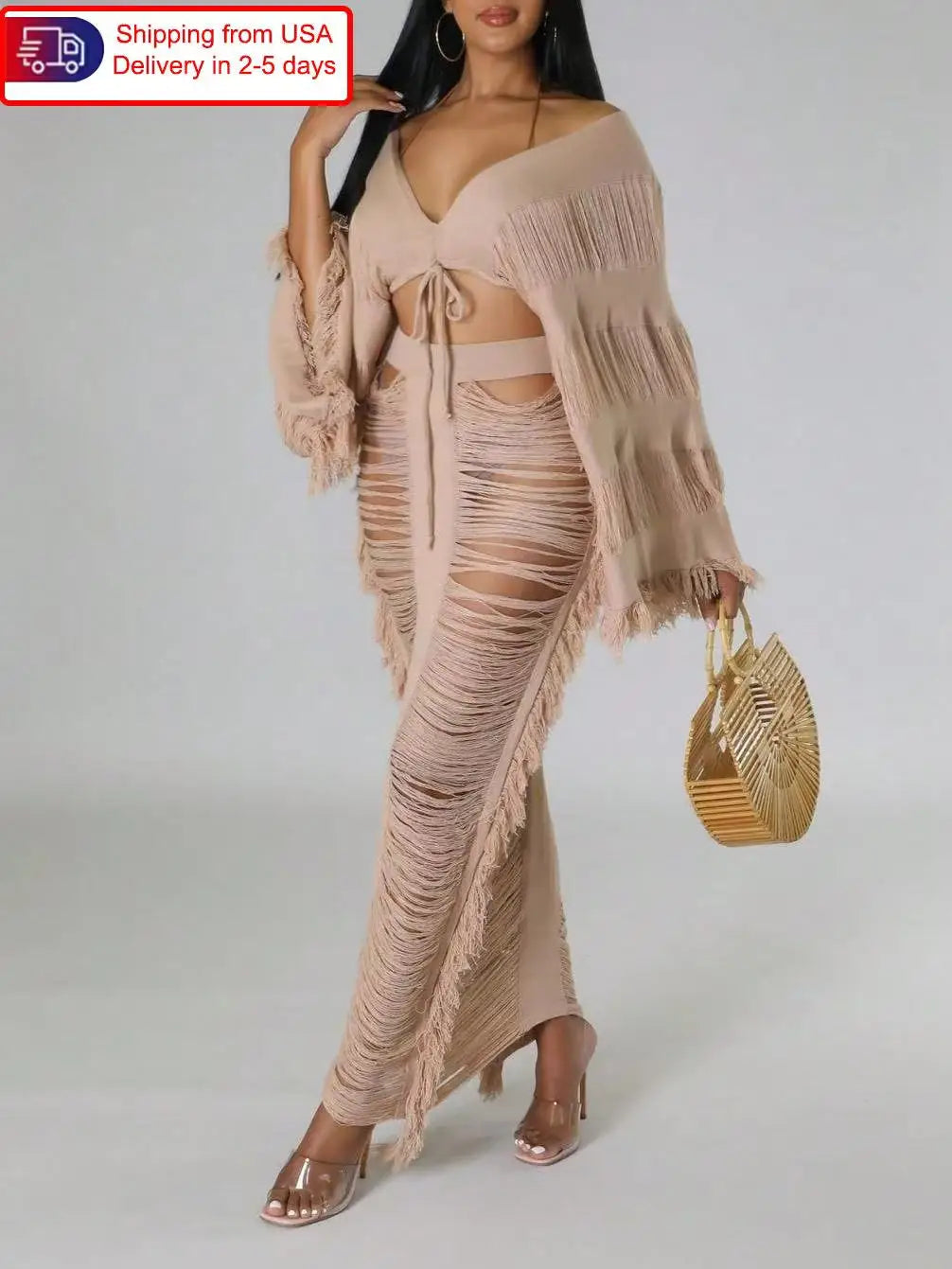 2-piece Long-sleeved Top & Fringed Cutout Floor-length Dress Millennium Bohemian Suit Dress