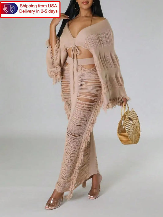 2-piece Long-sleeved Top & Fringed Cutout Floor-length Dress Millennium Bohemian Suit Dress