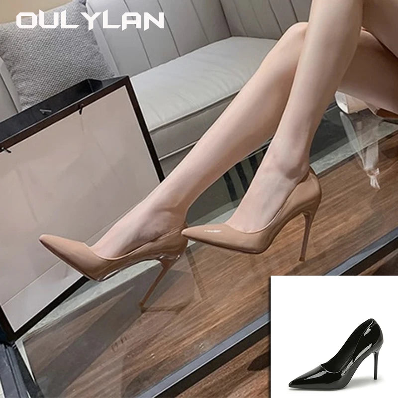 High Heels Sandals Women Autumn Fashion Pointed Toe Slim Heels Black Patent Leather