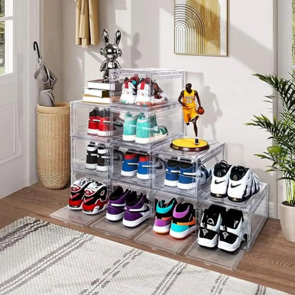 Clear Drop Front Sneaker Box 12 Pack Stackable Acrylic Shoe Containers Display Case