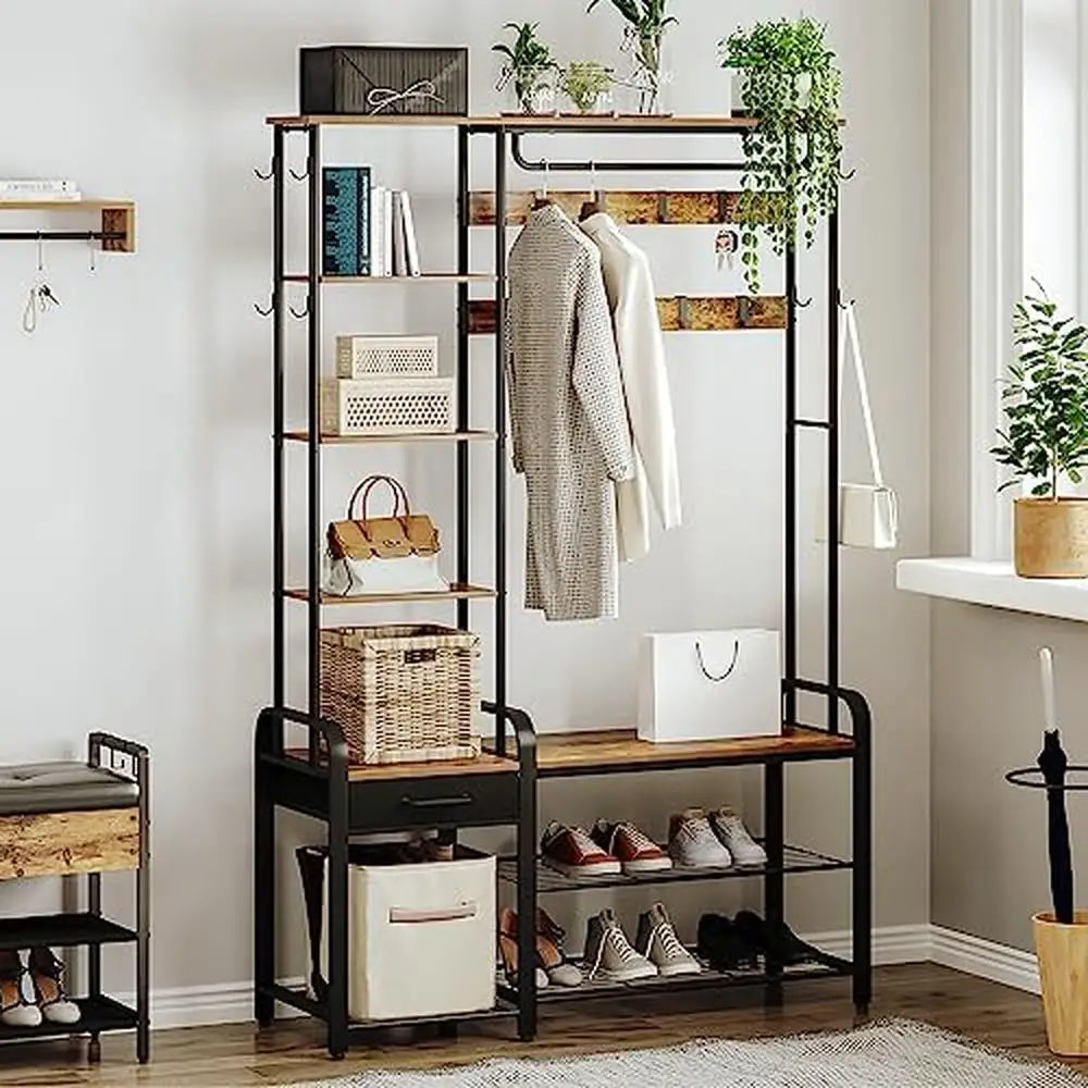 Entryway Hall Tree Coat Rack Shoe Bench Storage with Drawer & Side Shelves 5-in-1