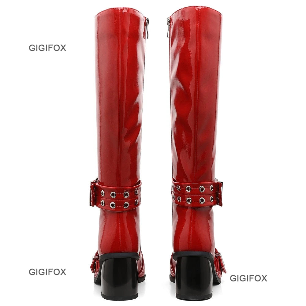 Pointed Toe Women Zipper Knee-high Boots Chunky High Heel Patent Leather Metal Buckle