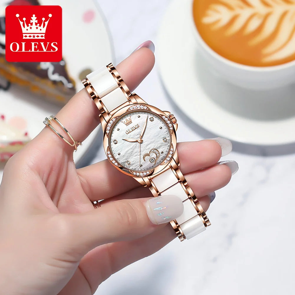 Automatic Watch for Women Fashion Heart Design Diamond Bezel Ceramics Strap