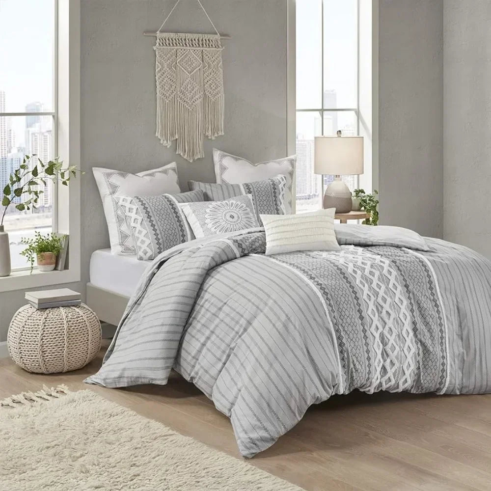 King size bed quilt, chenille tufted, four seasons modern bohemian duvet, grey 3-piece set