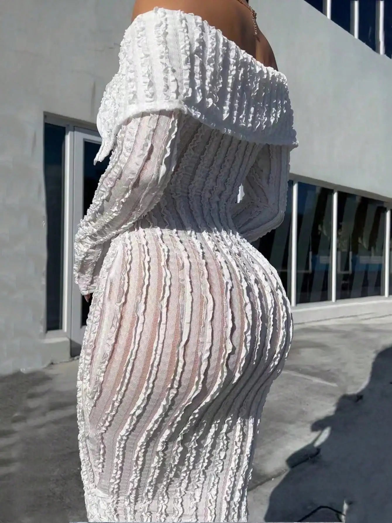 Women Elegant Off Shoulder Dress Long Sleeve Button Down High Split Bodycon Dress