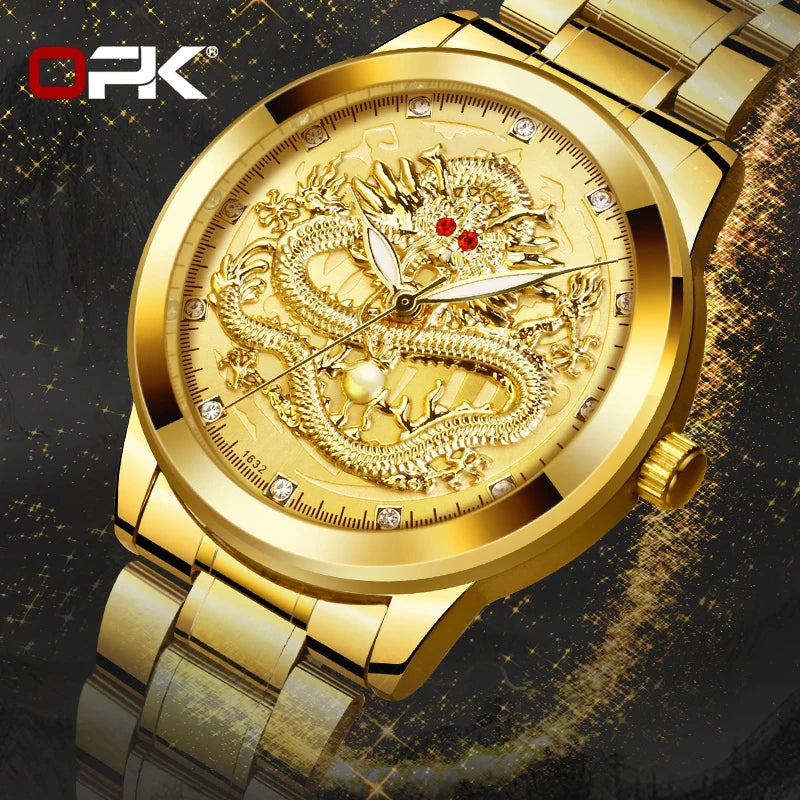 Men's Watches Luxury Gold Waterproof Fashion Stainless Steel Strap Dragon Quartz