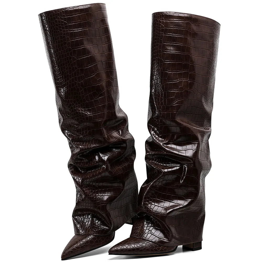 Knee High Fashion Women Fold Over Boots Pleated Block High Heel Pointed Toe Shoes