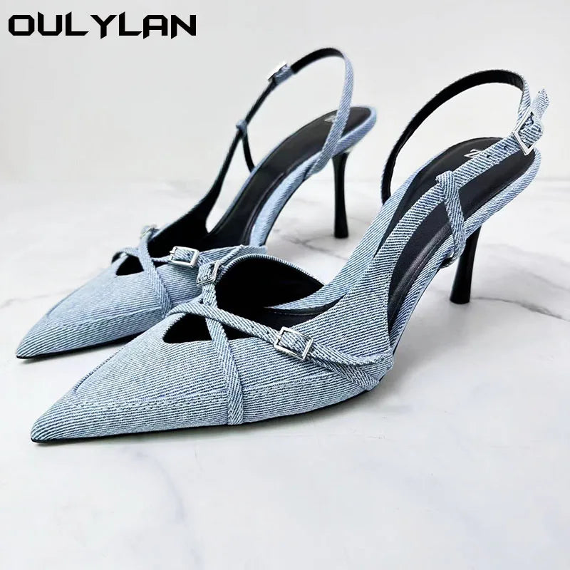 Designer Women Sandals Pointed Toe Thin High Heel Buckle Strap Denim Mules