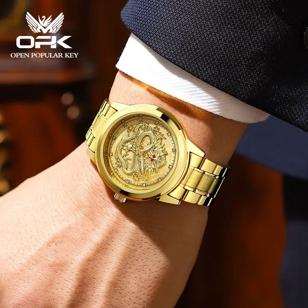 Men's Watches Luxury Gold Waterproof Fashion Stainless Steel Strap Dragon Quartz