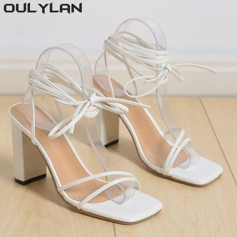 Oulylan 2024 White Black Woman Ankle Strap Sandals Leather Cross-Tied High Heel