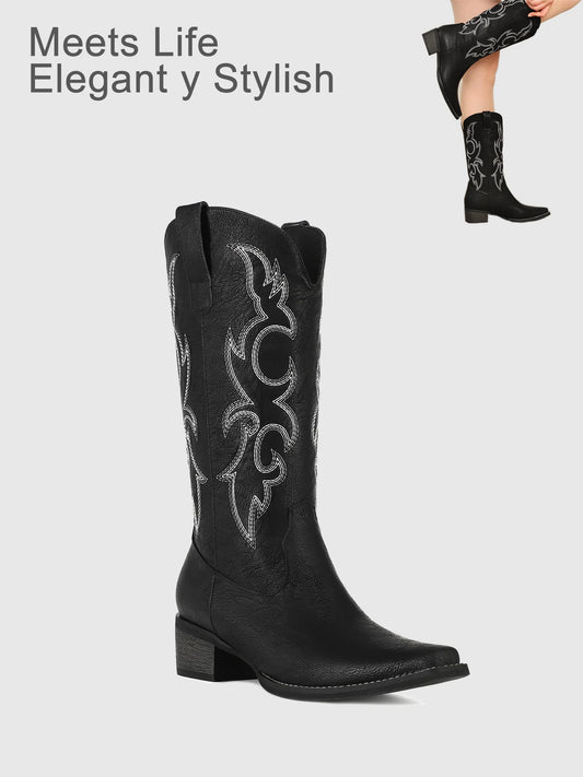 Black Cowboy Boots for Women - Embroidered Cowgirl Boots Western Mid Calf