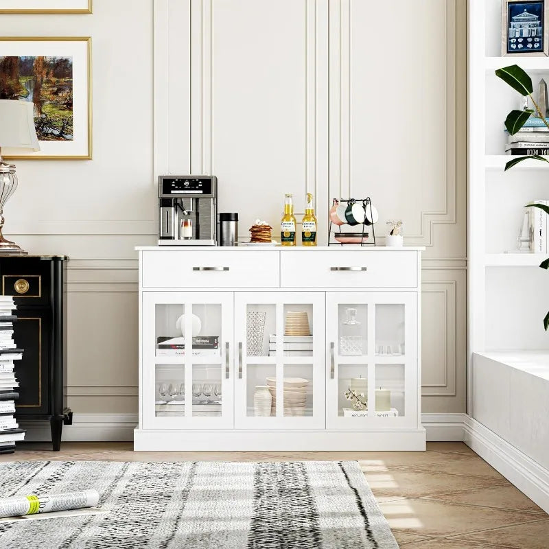 Buffet Cabinet with Glass Doors and 2 Storage Drawers & Shelves