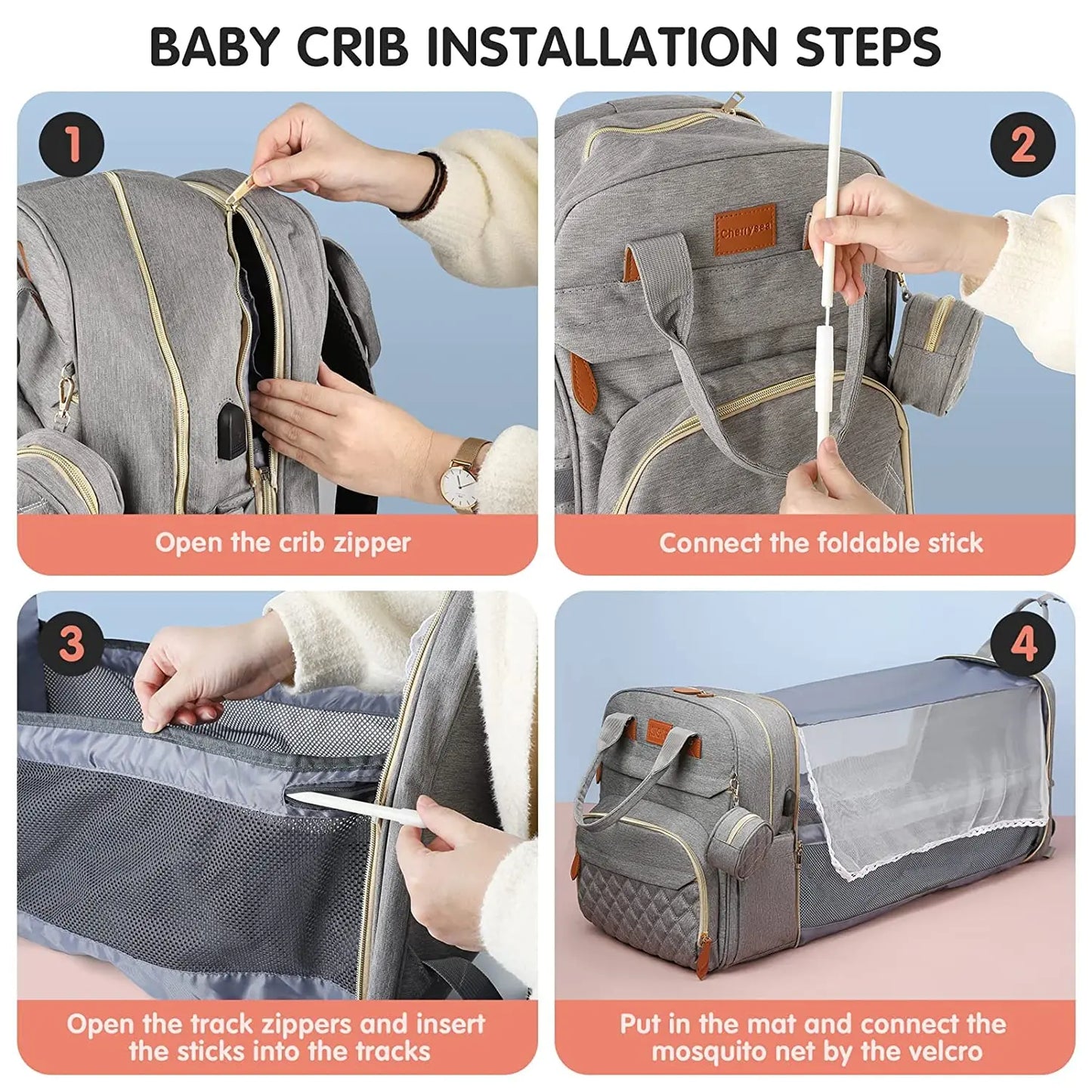 3 In 1 Diaper Bag Backpack Foldable Baby Bed Waterproof  USB Charge Diaper Bag Backpack