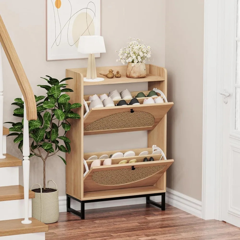 Shoe Cabinet with 2 Handmade Natural Rattan Flip Drawers, Entryway Shoe Rack Storage