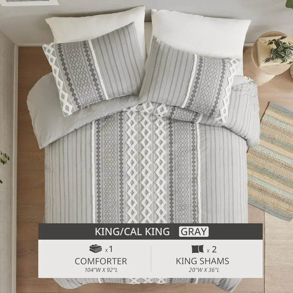 King size bed quilt, chenille tufted, four seasons modern bohemian duvet, grey 3-piece set