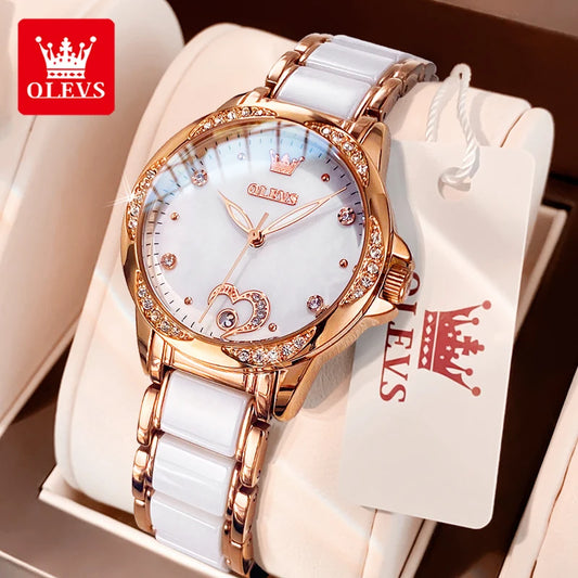 Automatic Watch for Women Fashion Heart Design Diamond Bezel Ceramics Strap