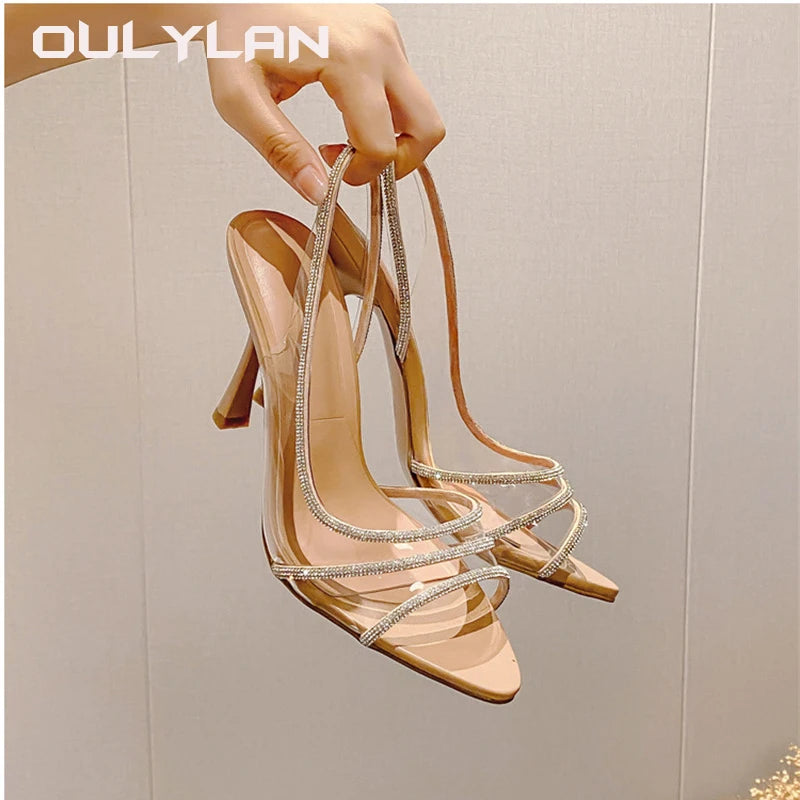 Oulylan Women Pumps Sandals Summer Slingback High Heels Rhinestones Elegant Pointed Toe