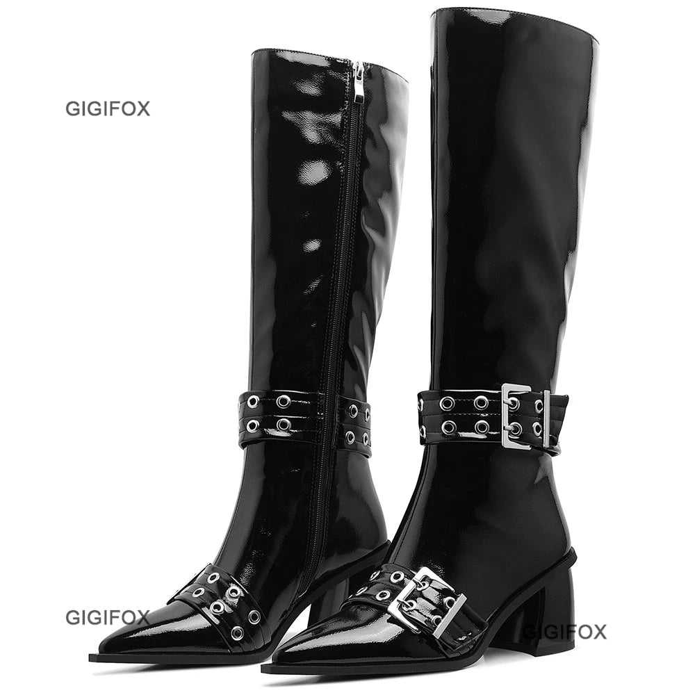 Pointed Toe Women Zipper Knee-high Boots Chunky High Heel Patent Leather Metal Buckle