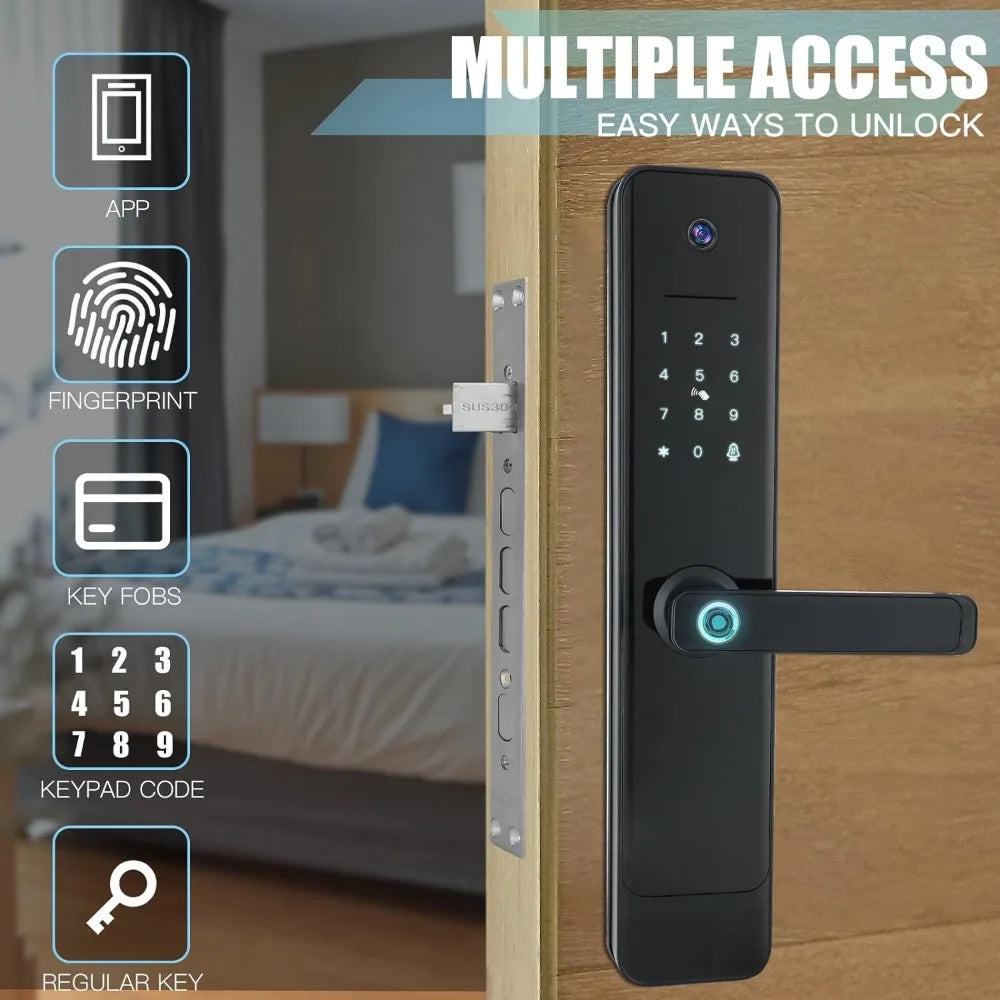 4 in1Smart Door Lock with Monitor Wi-Fi Camera,Doorbell,Video Call,Keypad Lock Fingerprint Keyless Entry Door Lock, App Control