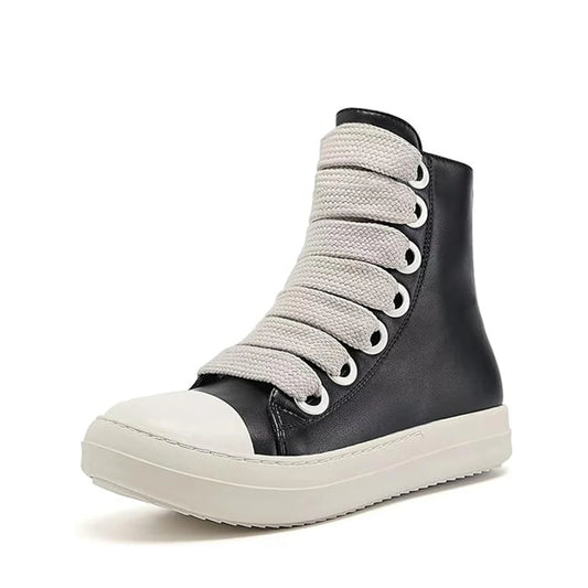 Women Sneaker Quality Jumbo Lace Designer Black Leather Zip Flat Thick-sole Ankle Boot