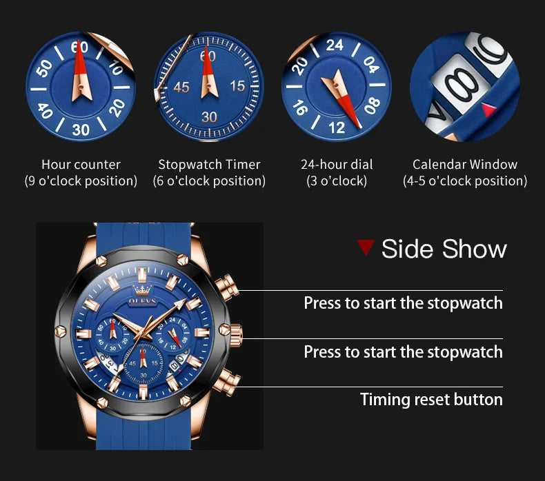 Men's Watch Waterproof Silicone Strap Luxury Multifunctional Chronograph Sports Quartz