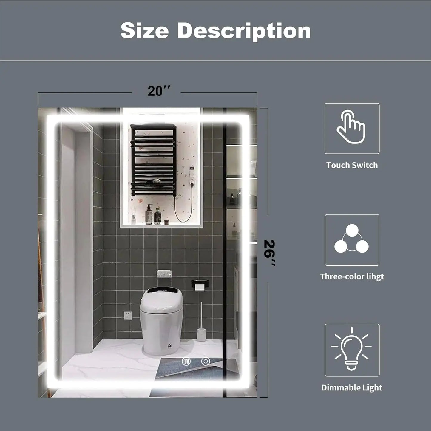 20×26 LED Bathroom Mirror with Light, Vanity Mirrors with Anti-Fog, Dimmable, 3 Colors