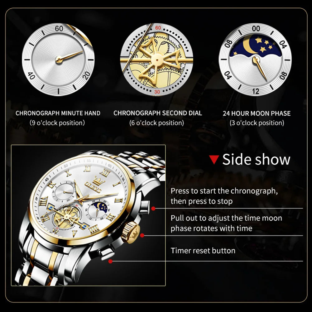 Couple Watches Stainless Steel Waterpoof Chronograph Flywheel Wristwatch for Men Women