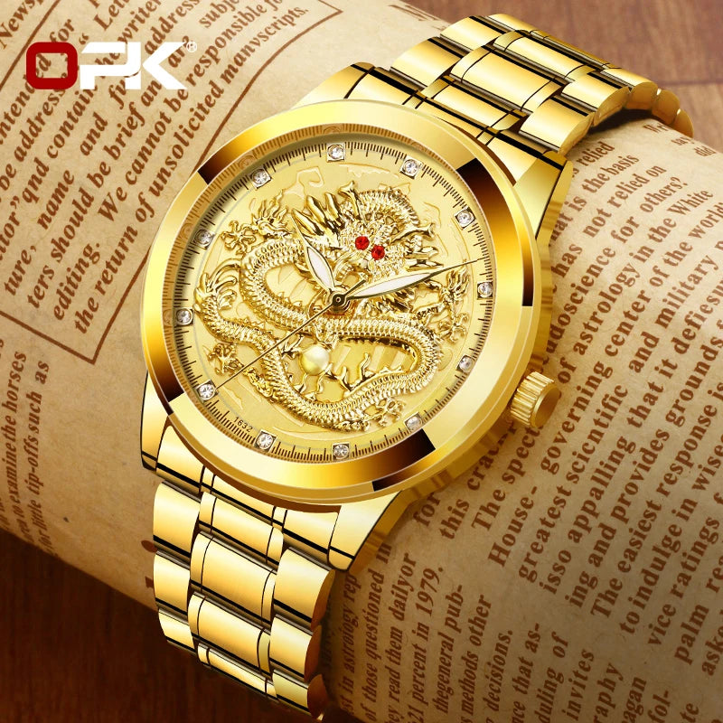 Men's Watches Luxury Gold Waterproof Fashion Stainless Steel Strap Dragon Quartz