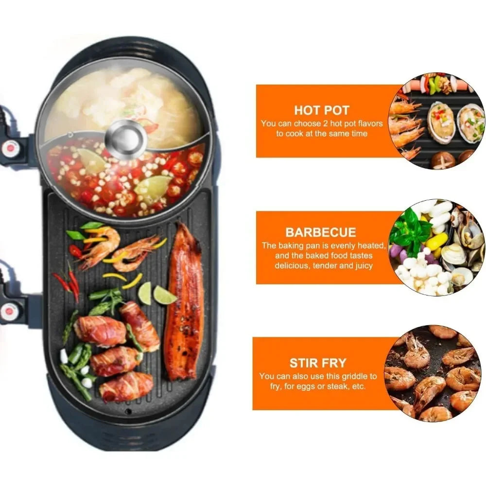 Hot pot with BBQ Grill 2 in 1 Electric Grill Non-Stick Korean Barbecue Grill Independent