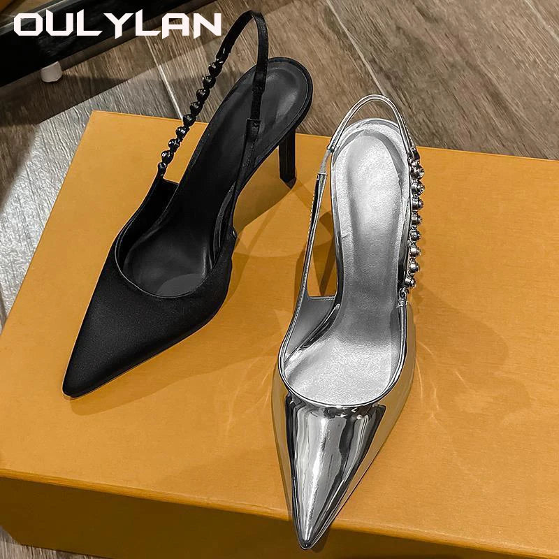 Women Pumps Metallic Crystal Sandals Shiny High Heels Slingback Silver Pointy Toe