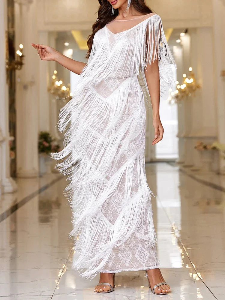 Sexy Wedding Dress Deep V Neck Tassels Dresses Sleeveless Long Dresses Evening Prom Gowns