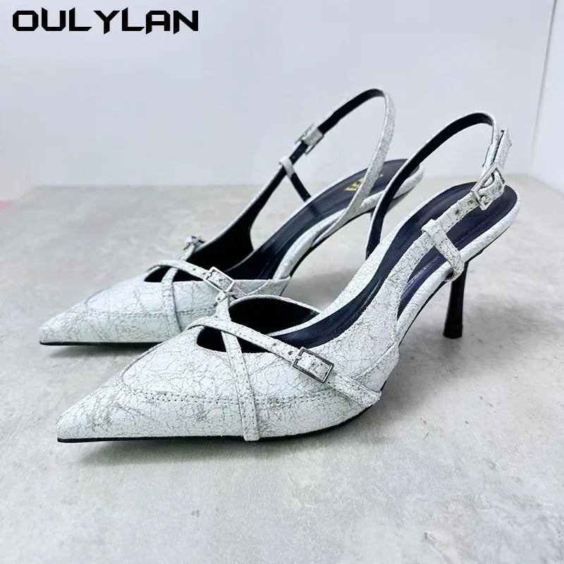 Designer Women Sandals Pointed Toe Thin High Heel Buckle Strap Denim Mules