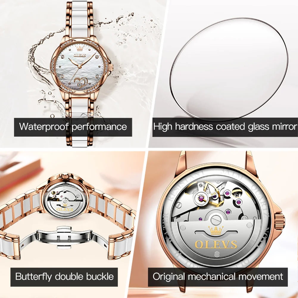 Automatic Watch for Women Fashion Heart Design Diamond Bezel Ceramics Strap