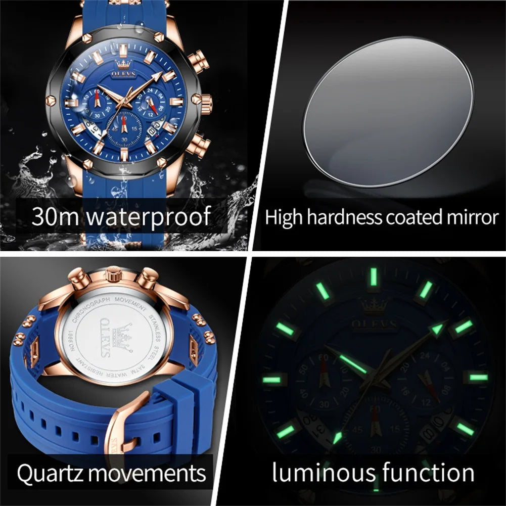 Men's Watch Waterproof Silicone Strap Luxury Multifunctional Chronograph Sports Quartz