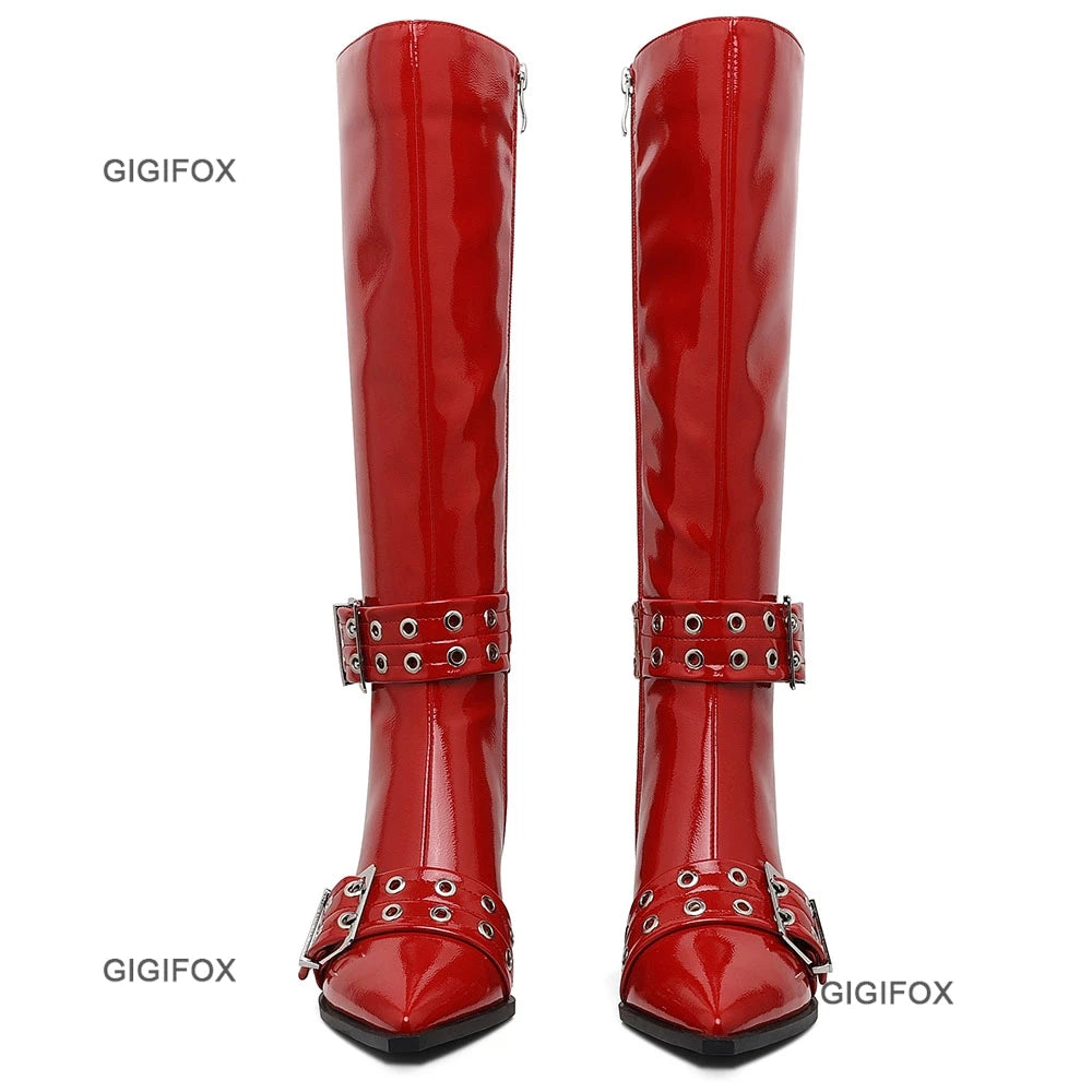 Pointed Toe Women Zipper Knee-high Boots Chunky High Heel Patent Leather Metal Buckle