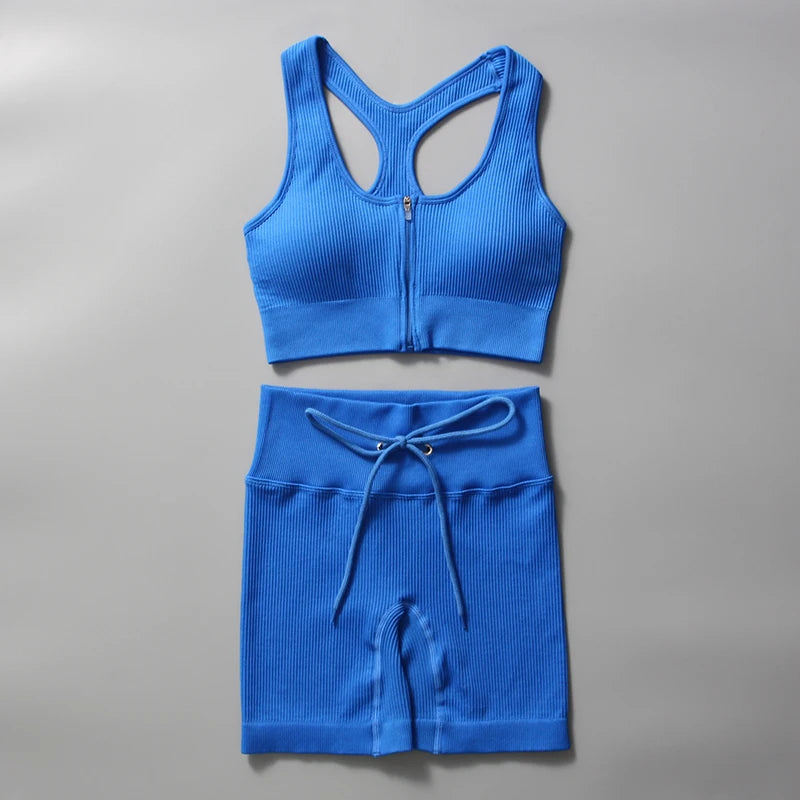 Seamless Yoga Set for Women Zipper Tank Top and Shorts Sport Suit Drawstring Althetic Set