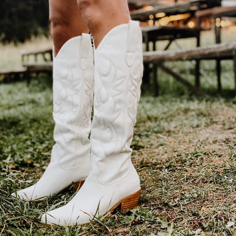 Onlymaker Women Western Cowboy Boots White Knee High Boots  Wide Calf Embroidered