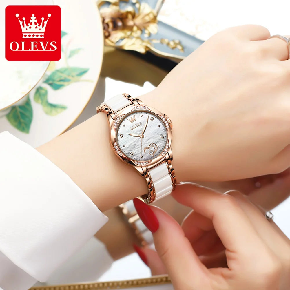 Automatic Watch for Women Fashion Heart Design Diamond Bezel Ceramics Strap