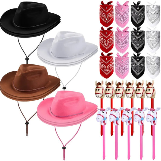 Xtinmee 36 Pcs Cowboy Party, Farm Cowboy Party Hats Paisley Bandanas Inflatable Stick Horses