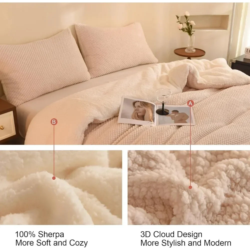 3D Jacquard Design Set,Ultra-Soft Warm Queen Sherpa Fur Plush 3-Pieces Sets Luxury Bedding with 2 Pillowcases 90"x90"Cream White