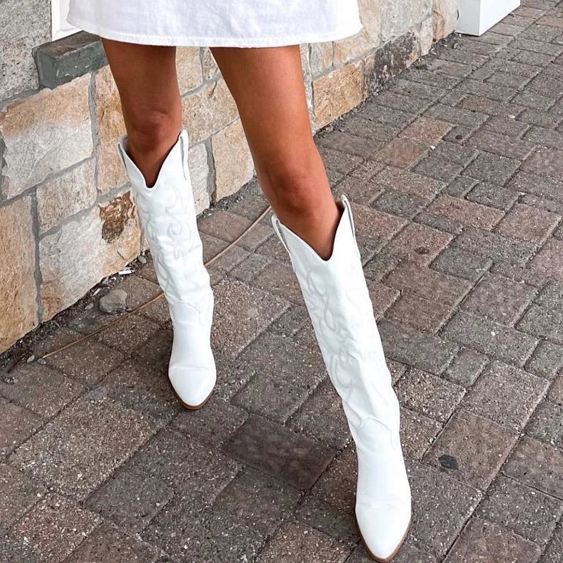 Onlymaker Women Western Cowboy Boots White Knee High Boots  Wide Calf Embroidered